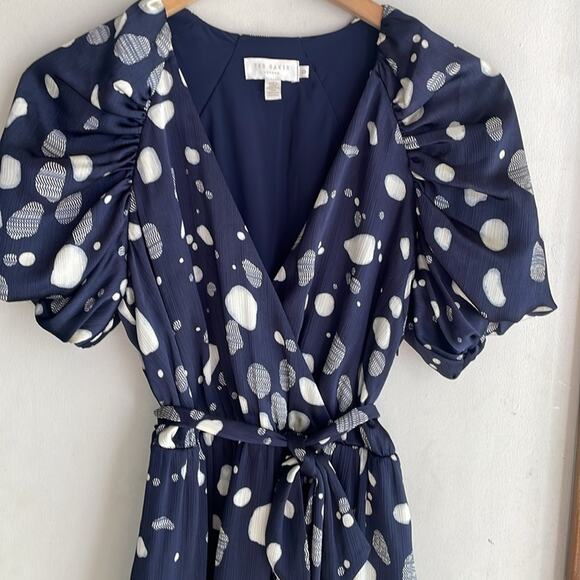 Ted Baker Steviee Polka Dot Puff Sleeve Dress Faux Wrap Dress Navy - Picture 4 of 16